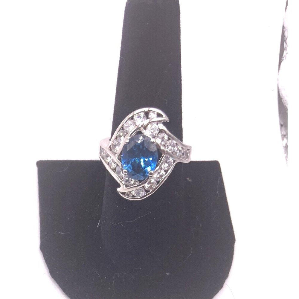 Stunning Blue Stone Ring With Colorless Glass Stones Rhodium Plated-Early 2000s
